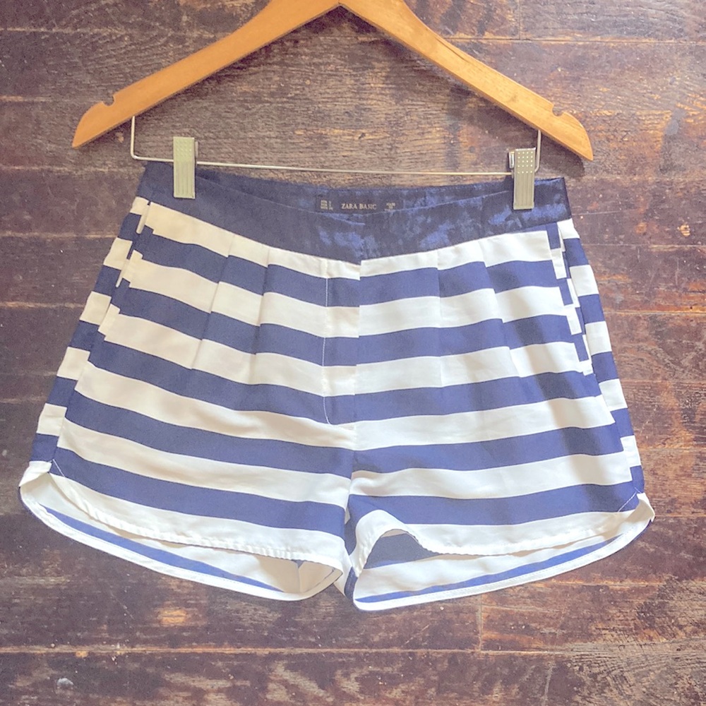 Zara satin shorts, blue and white stripes